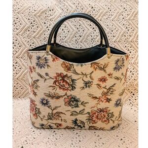 Vintage Floral Tapestry Tote Bag Black Top Handle Structured Woven Handbag